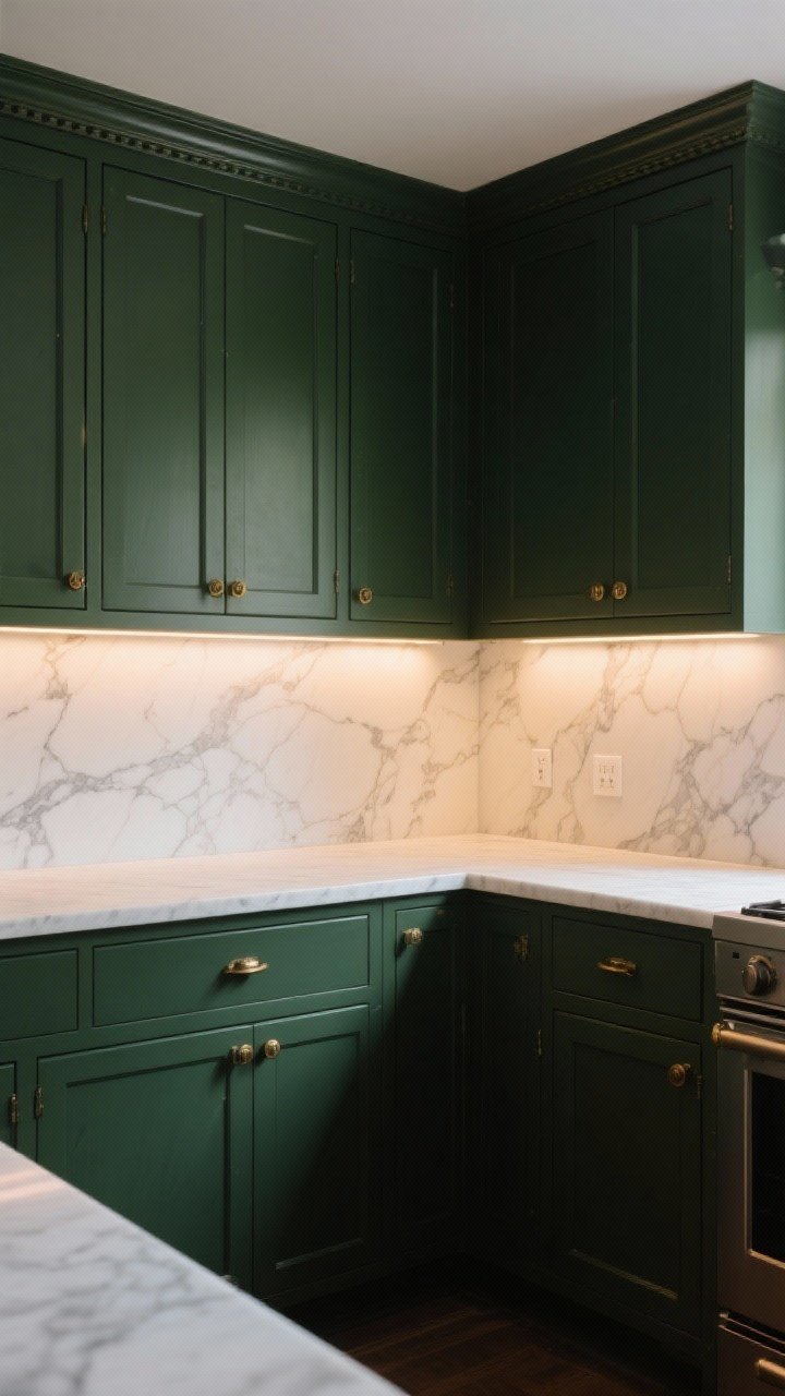 Medium shot of a moody, classic kitchen featuring deep forest green inset or Shaker cabinets with aged brass hardware, brightened by white Calacatta marble countertops and backsplash; warm 2700K lighting and discreet under-cabinet LEDs illuminate the workspace; include traditional detailing like crown molding; corner angle for depth; photorealistic.