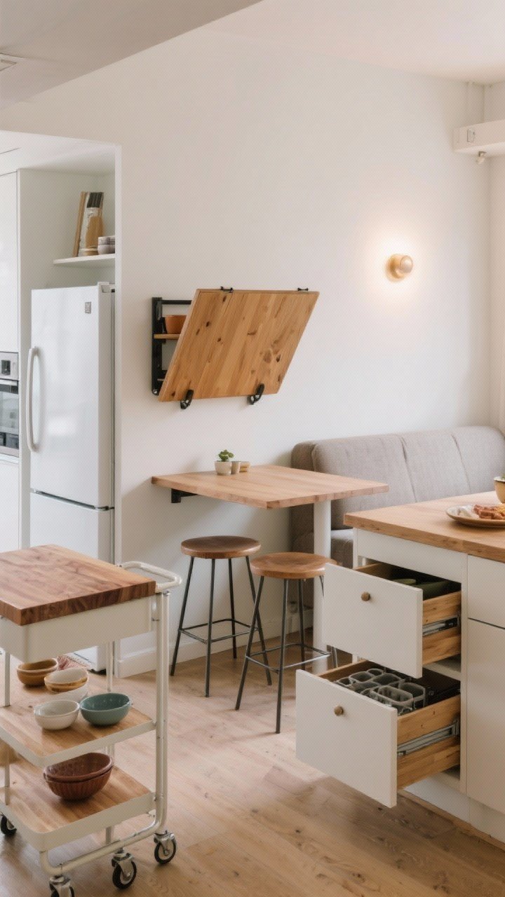 Medium shot of a multifunction small kitchen-dining zone: a wall-mounted drop-leaf table folded up as a petite dining surface with two slim stools that tuck beneath; a compact rolling cart parked beside the fridge acting as extra prep space with a butcher-block top and shelves for bowls; a narrow console behind a small sofa doubling as a breakfast bar with two backless stools; adjustable drawer organizers visible in a partially open drawer; bright, cozy lighting, straight-on angle.
