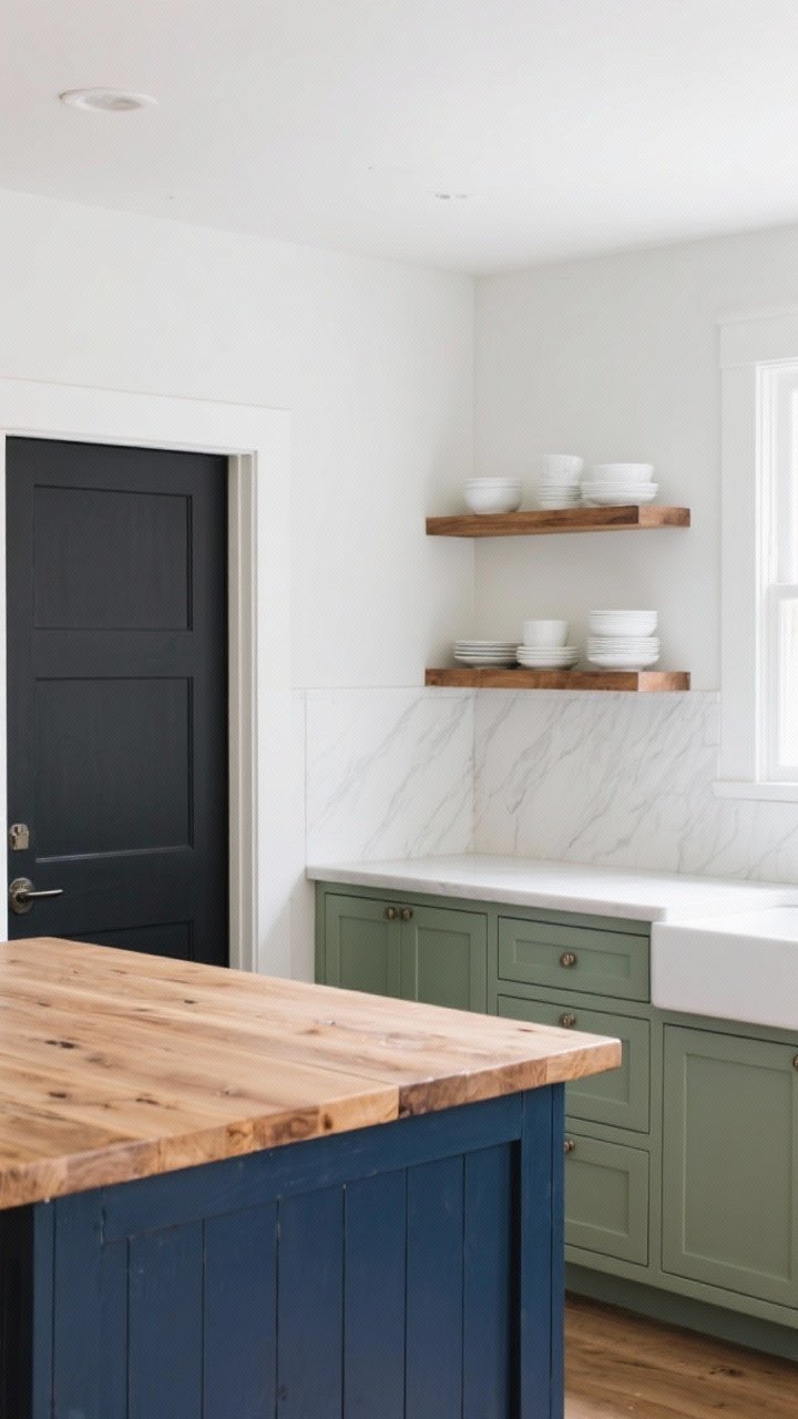 Medium shot of a refreshed kitchen wall and island: walls painted soft white with pale greige undertones, a navy-blue island base and natural wood open shelves holding simple white dishes; a charcoal pantry door peeks in frame; sage-painted lower cabinets on the perimeter; natural light, no faux glaze, emphasizing calm tones and honest wood grain.