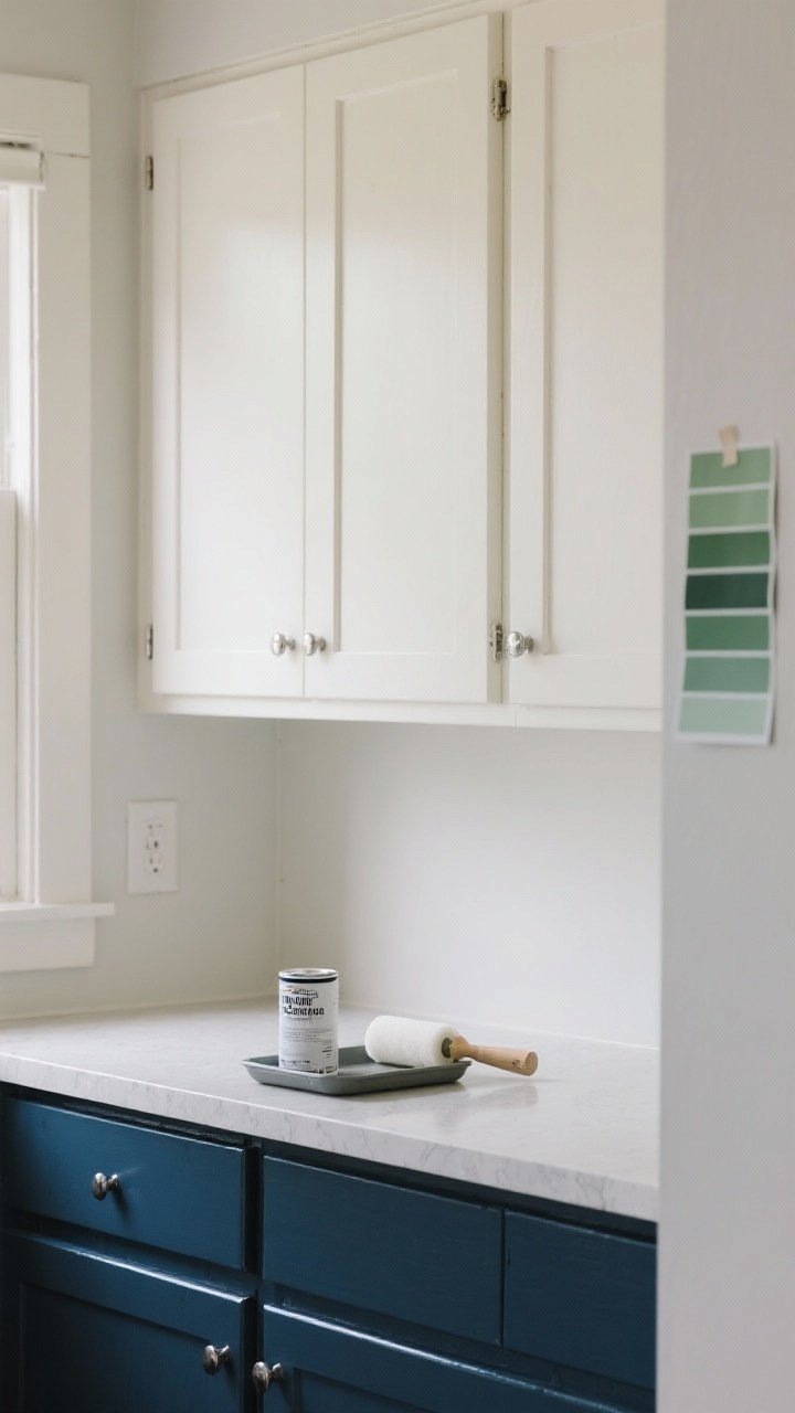 Medium shot of a renter-friendly cabinet paint transformation: lower cabinets in moody navy with satin enamel sheen, uppers in warm white, soft-close concealed hinges slightly visible; a small tray holding bonding primer and a fine foam roller on the counter; sage green swatch cards taped to the side of a cabinet; bright but diffused daylight; clean lines, lightly sanded doors, minimal decor; photorealistic, straight-on perspective that highlights the contrast between uppers and lowers.