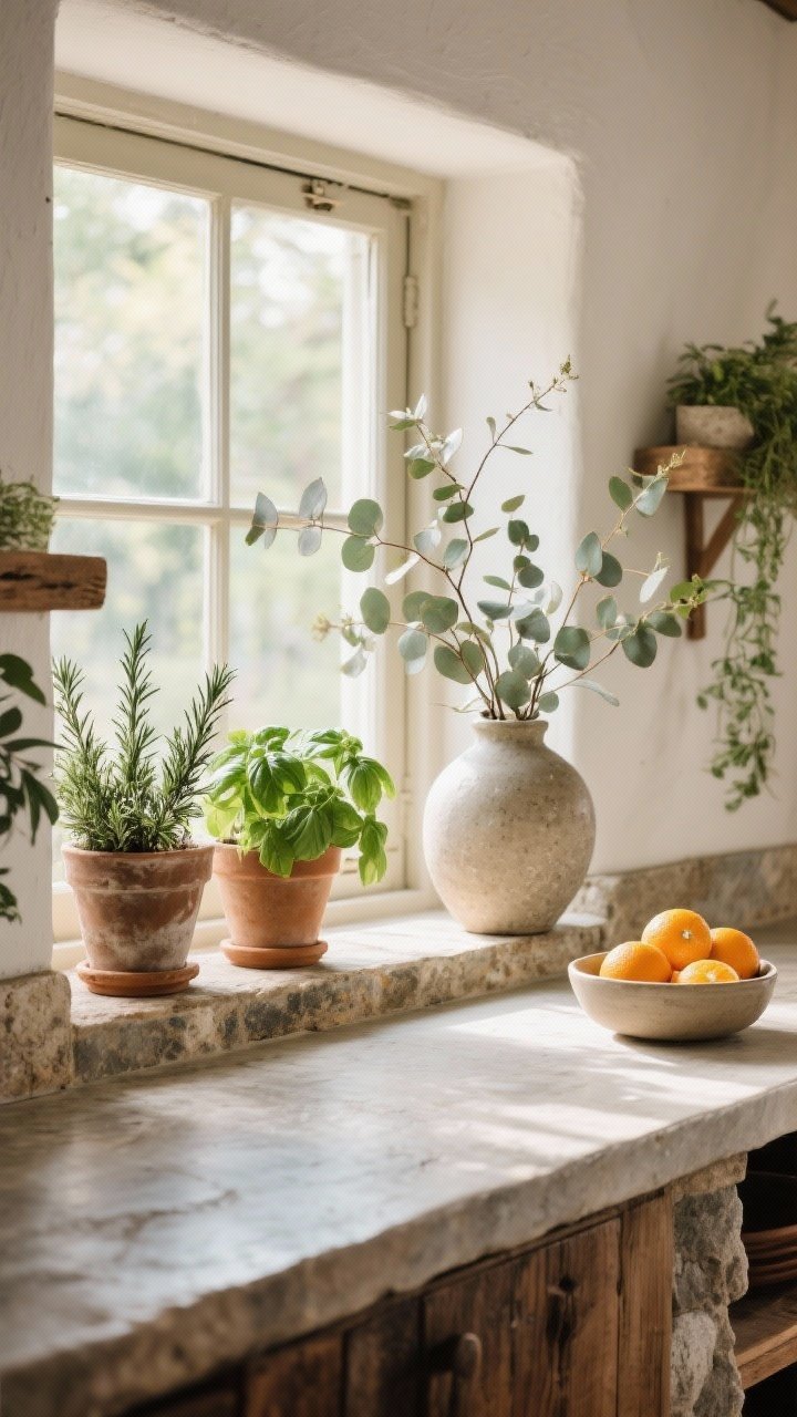 Medium shot of a rustic counter and sill celebrating nature indoors: herb pots of rosemary, thyme, and basil on a sunny window ledge; a stoneware vase with loose eucalyptus branches on the counter; and a simple bowl of seasonal citrus adding a pop of color. Natural daylight glows through, creating an organic, slightly wild look; textures of stone, wood, and greenery are crisp and lifelike.