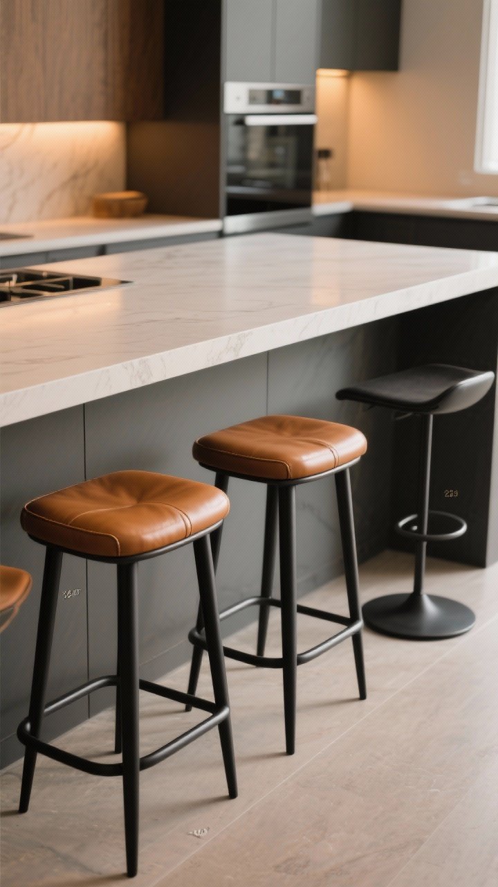 Medium shot of a seating side of a kitchen island with three counter-height stools (24–26"); mixed materials: caramel leather seats with black metal frames, integrated footrests, and one backless stool tucked under for a sleek look; 24 inches of spacing between seats visible; island overhang at 10–12 inches; warm ambient lighting; slight diagonal perspective, photorealistic.