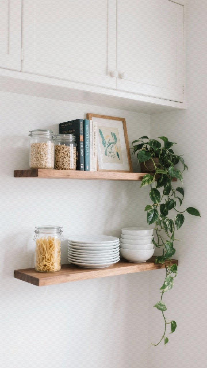 Medium shot of a single wood open shelf mounted on a white wall between cabinets: neatly stacked white dishes, cohesive-color bowls, clear glass jars filled with pasta and oats, a few cookbooks with spines facing out, a small framed art print leaning at the back, and a trailing pothos draping gently over the edge. Natural daylight, crisp focus on practical styling, about 70% functional and 30% decorative. Side angle from the corner to show depth and layering.