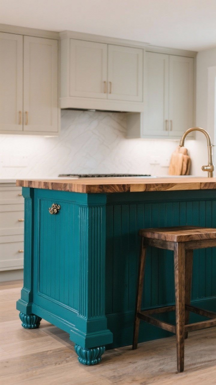 Medium shot of a statement island as the focal point: island painted deep teal with fluted paneling on the sides, fitted with furniture-style decorative feet and bold statement hardware. Surrounding perimeter cabinets remain neutral. Include a butcher-block top on a nearby freestanding piece to suggest a faux island option. Side light accentuates fluting texture.