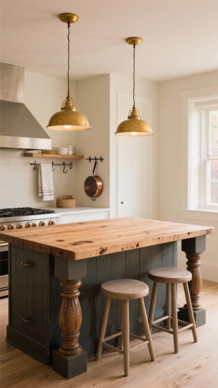 Medium shot of a statement island as the kitchen’s heartbeat: hefty island with chunky turned legs, a butcher-block top showing a few friendly dings, hooks on the side holding a towel and pan, and an overhang with two simple stools; soft golden lighting from pendants above; show functional warmth and gathering vibe, straight-on, photorealistic.