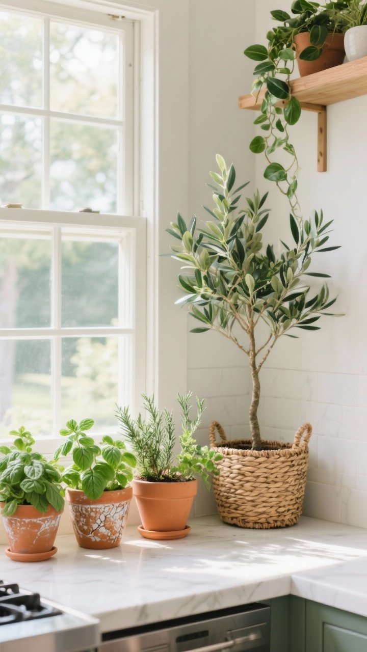 Medium shot of a sunny kitchen corner featuring greenery: a compact indoor herb garden (basil, mint, rosemary) in terracotta and ceramic pots on a windowsill; a tall olive tree in a woven basket planter in an empty corner; a pothos trailing from an upper shelf. Mix in one high-quality faux plant among real ones for fullness. Bright natural light, fresh and lively mood, visible textures of terracotta, ceramic crackle glaze, and woven fibers.
