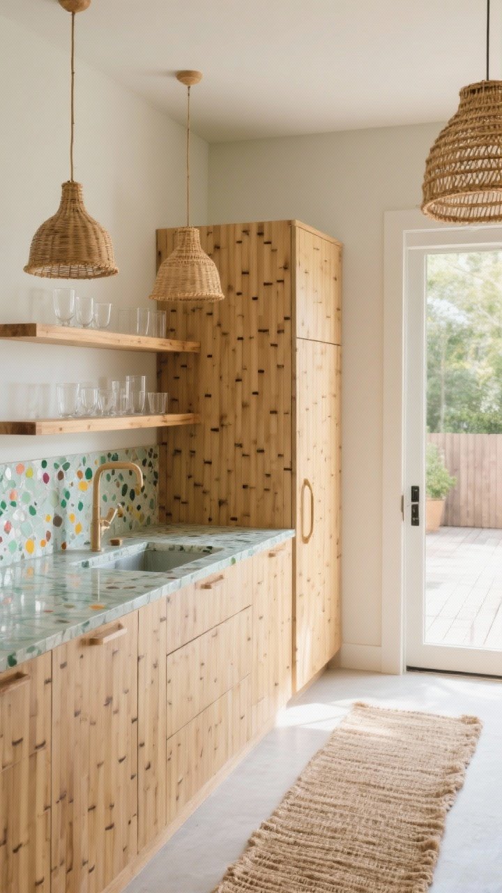 Medium shot of a sustainable-materials vignette: bamboo front cabinets with smooth grain, recycled glass countertop sparkling with multicolored flecks, open shelves of FSC-certified wood holding simple glassware, and low-VOC painted walls in a soft neutral; add woven rattan pendant lights and a jute runner to warm the scene; soft daylight from a nearby door to the patio; photorealistic texture emphasis.