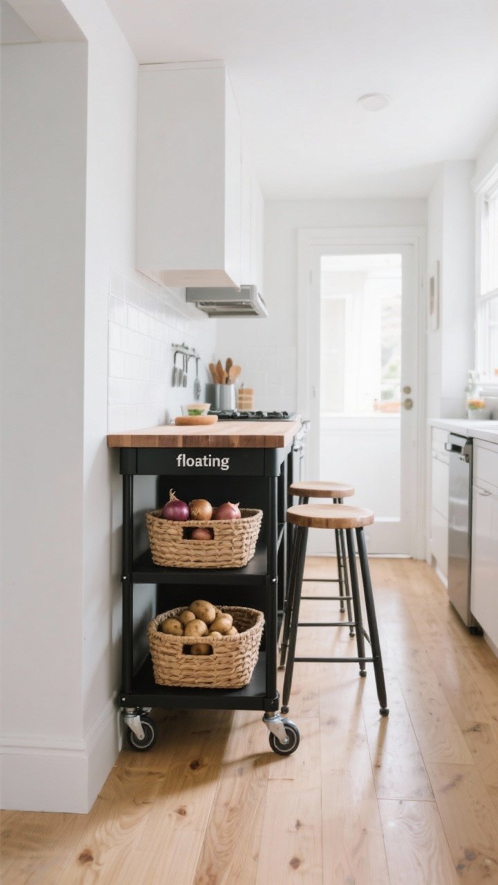 Medium shot of a tiny galley kitchen with a movable “floating” island cart: a narrow, 18-inch-deep black metal cart on locking wheels with a butcher block top used as a prep station; bottom shelf organized with woven baskets holding onions and potatoes; two slim stools tucked beneath the cart edge to double as a breakfast bar; light wood floors, white walls, and clear traffic flow; natural daylight with subtle reflections, photorealistic.