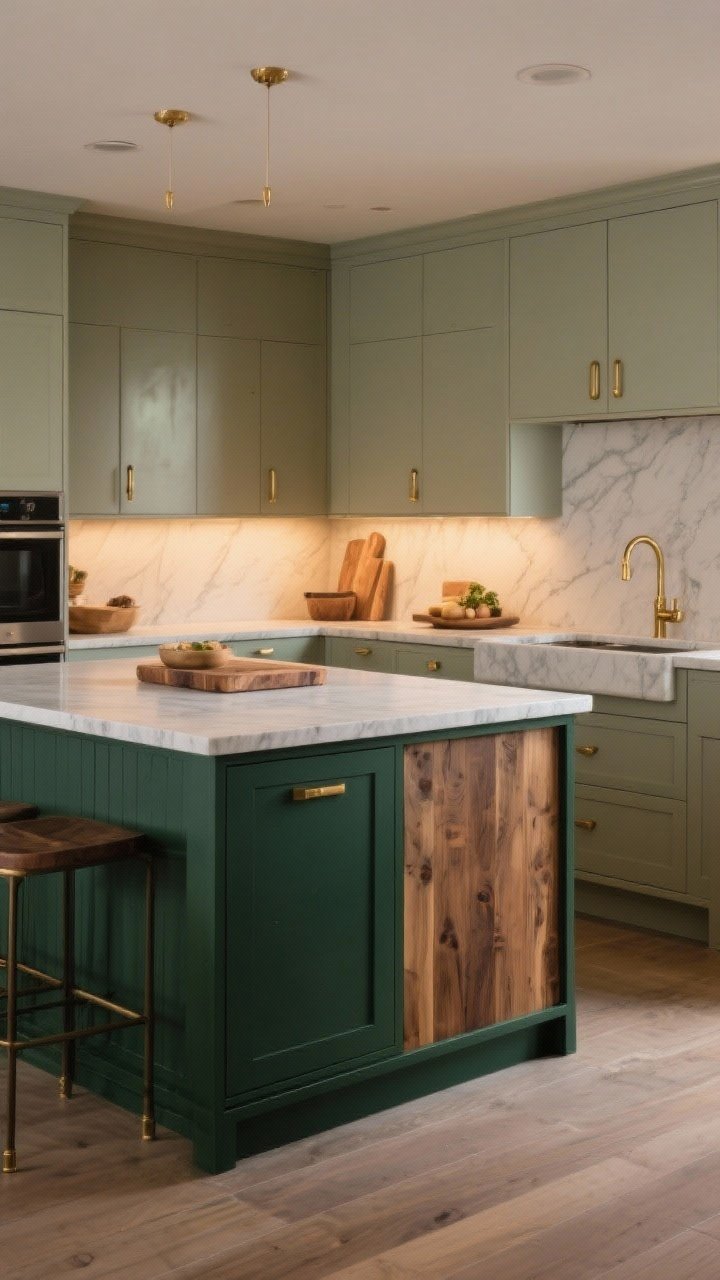 Medium shot of a two-tone kitchen with a moody island base in deep green, light perimeter cabinets, and a partial butcher block section integrated into a quartz countertop; warm brass hardware on the island, subtle warm ambient light enhancing the grounded hues; cozy, custom feel, photorealistic.