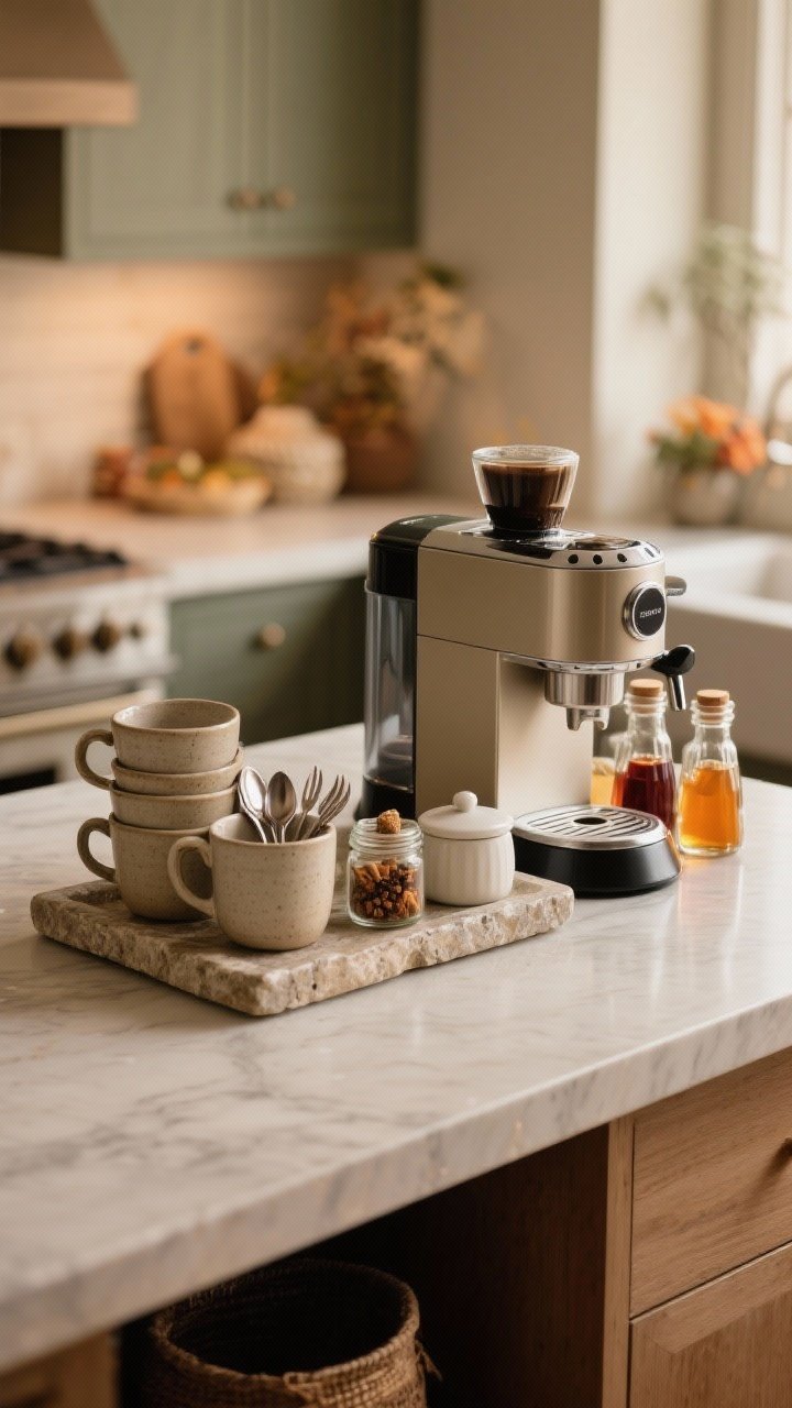 Medium shot of a warm beverage station arranged on one end of the island: espresso machine sitting on a stone tray to catch drips, a neat stack of stoneware mugs, a small jar of teaspoons, a petite sugar bowl, and seasonal syrups/spices decanted into small glass jars; softly lit, charming and functional, photorealistic.