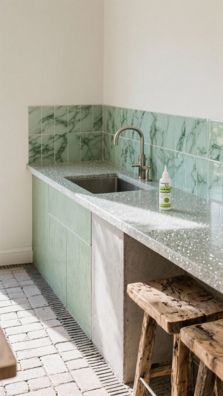 Medium shot of a weather-ready prep zone: recycled glass composite countertop that subtly sparkles, sealed concrete side ledge with a muted green pigment, porcelain slab backsplash with a soft green veining, and a reclaimed wood bar ledge with visible grain. Show permeable paver flooring underfoot with narrow joints. Include a small bottle of non-toxic, food-safe sealer on the counter. Corner angle, soft daylight, photorealistic.