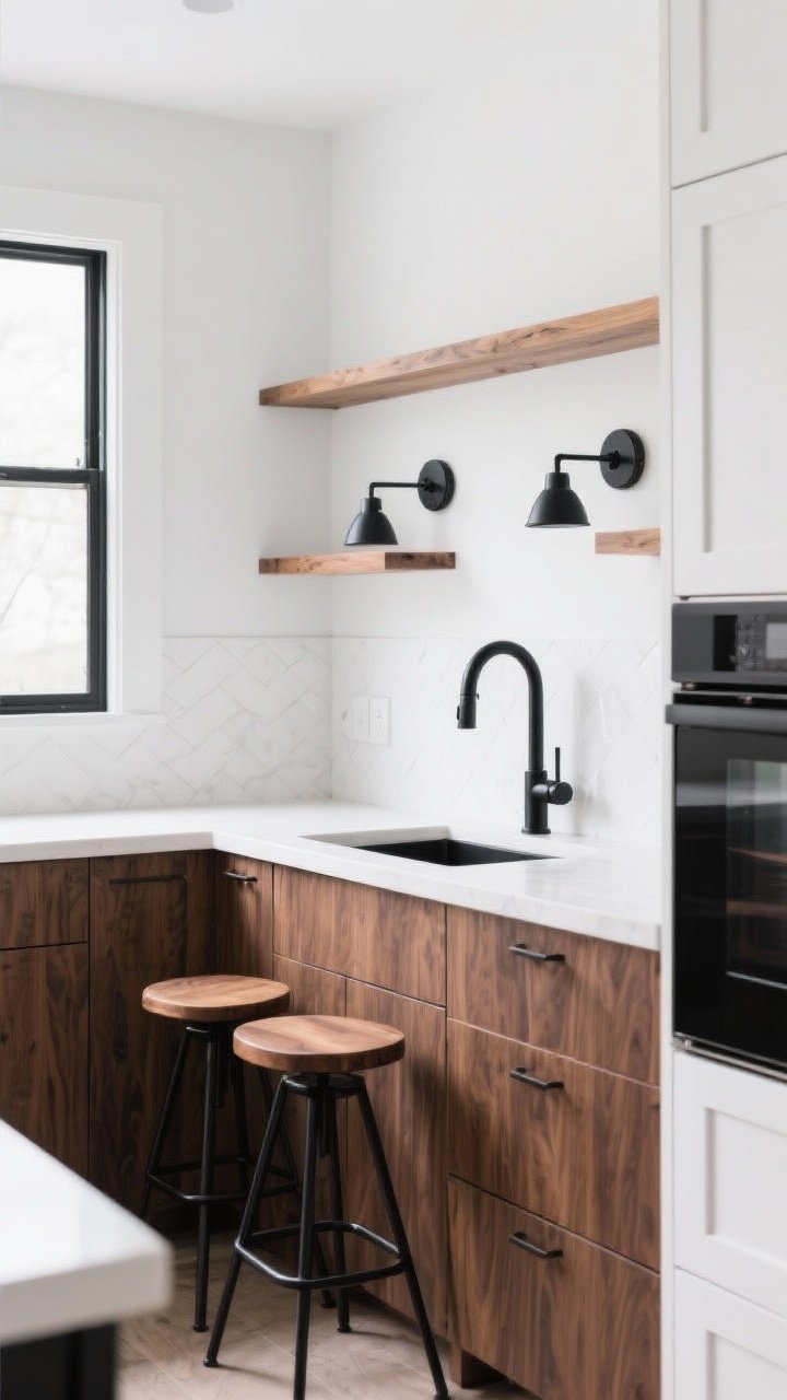 Medium shot of a white-and-wood kitchen vignette balanced with black accents: walnut lower cabinets, white uppers, and black metal sconces over wood open shelves. A black faucet and black metal base barstools with wood seats repeat the accent twice more for cohesion. Natural light with crisp contrast; straight-on framing to emphasize the palette balance and grounding effect of black.