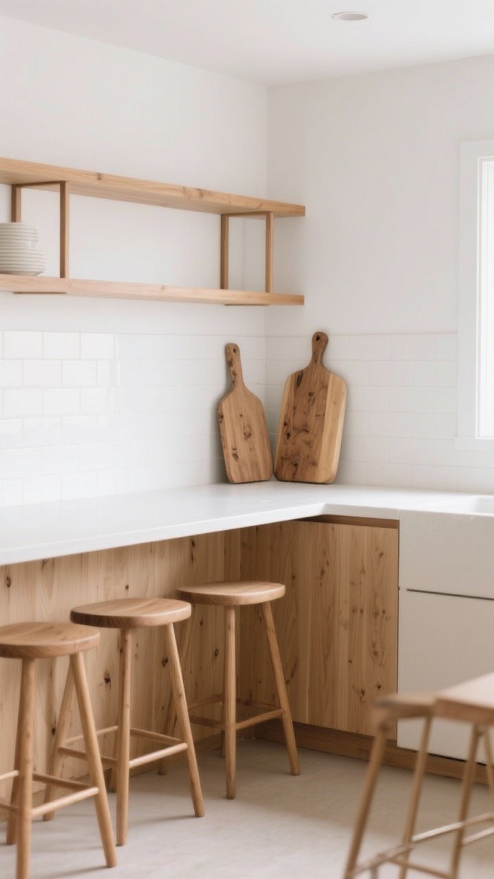 Medium shot of a white kitchen corner warmed by wood accents: thin oak open shelves with a Scandinavian vibe, mid-tone oak counter stools with simple lines at a white island, a light wood panel on the island base or toe-kick, and oversized wood cutting boards leaning against a white backsplash; balanced light that feels cozy and organic, avoiding dark heavy stains.