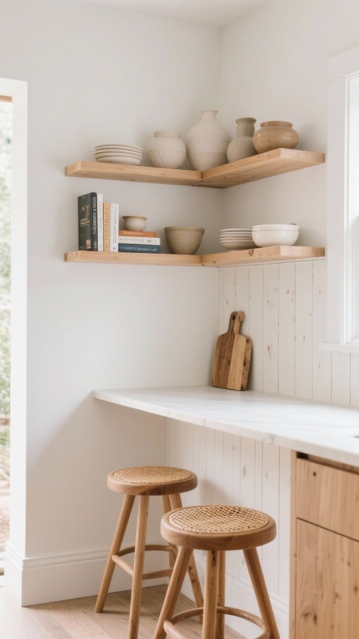 Medium shot of a white kitchen corner warmed with wood: floating pale oak open shelves styled with neutral ceramics and cookbooks; a small section of tongue-and-groove light wood paneling as a backsplash; an island detail in matching light oak; two counter stools with curved wood seats and cane/rush woven tops. The white is a cooler tone paired with pale oak. Soft afternoon natural light, neutral, cozy mood, clean styling, no people.