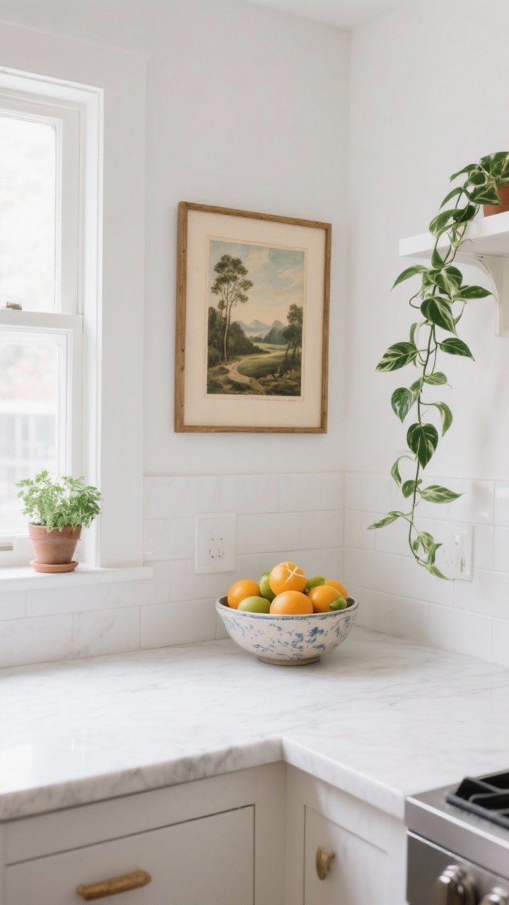 Medium shot of a white kitchen counter styled with soul: a framed vintage landscape art piece casually propped against the backsplash, a ceramic fruit bowl with citrus for color, a small pot of fresh herbs on the windowsill, and a trailing pothos on a nearby shelf; restrained, single-statement feel rather than a gallery wall; bright natural light for freshness, straight-on perspective, photorealistic.