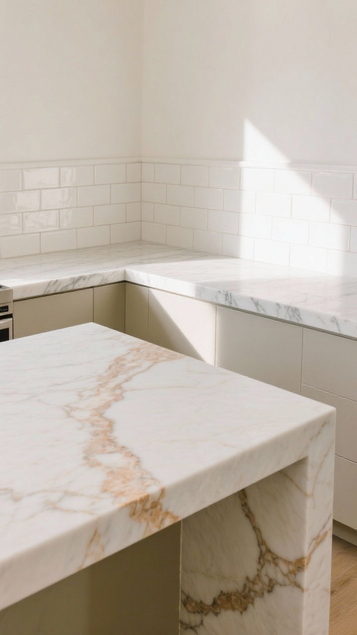 Medium shot of a white kitchen island showcasing stone contrast: honed marble countertop with warm veining and a subtle waterfall edge, paired with a creamy zellige tile backsplash behind; alternative accents in frame include a secondary view of classic combo—white quartz with faint gray veining and white subway tile—on a perimeter counter; soft daylight grazing the veining to add movement and warmth; corner angle, photorealistic.