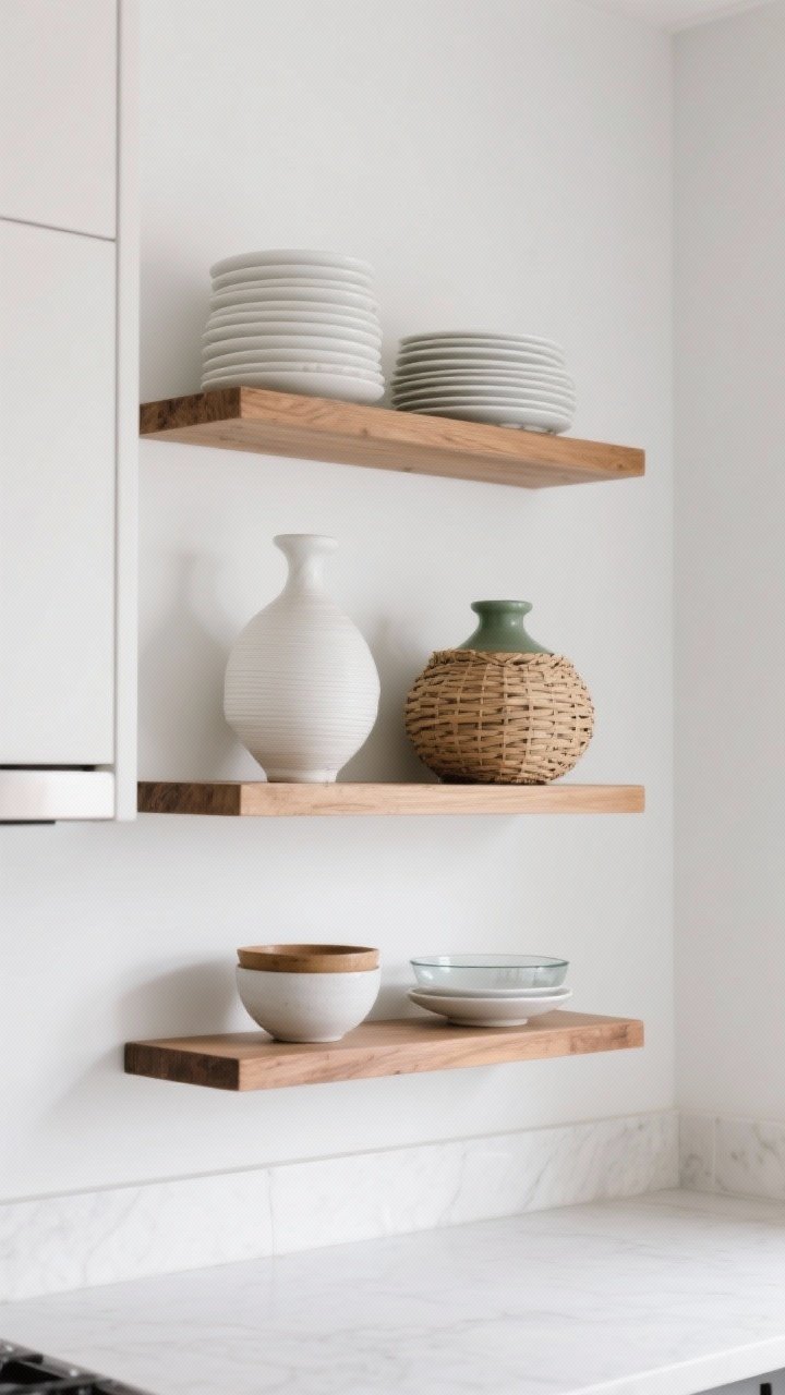 Medium shot of a white kitchen wall where upper cabinets are replaced by natural wood floating shelves. Shelves styled in balanced groups of three: one stack of white plates, one sculptural ceramic vase, one woven basket. Palette limited to whites, glass, wood, and a single sage accent item. Small lip on the shelves visible; daily-use bowls placed on the lower shelf. Soft, even daylight; straight-on view to emphasize breathing room and vertical lift.