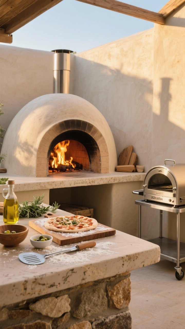 Medium shot of a wood-fired pizza oven zone under open sky, showing a built-in dome oven clad in stucco with a fire glowing inside; a nearby prep station with a wooden board dusted with flour, a metal pizza peel, a small bowl of olive oil, and fresh herbs; additional portable freestanding oven on a metal cart to one side; rustic stone counter surface; warm golden firelight and late-afternoon natural light; angled corner perspective highlighting the “pizza station” setup.