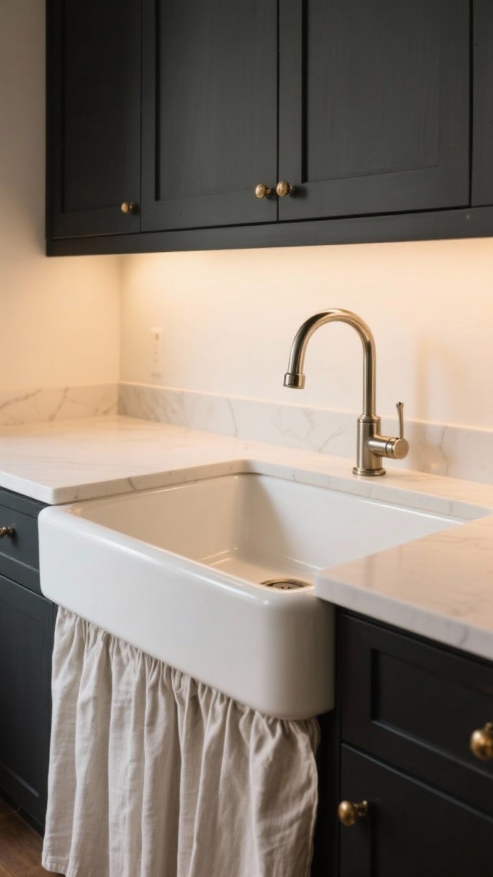 Medium shot of an apron-front farmhouse sink: single-bowl white fireclay with a polished nickel bridge faucet; optional variant: matte black sink with brass gooseneck faucet; linen sink skirt in a soft, natural tone if doors are omitted; surrounding counters clean and functional; warm ambient light highlighting depth and durability; straight-on framing centered on the sink and hardware.