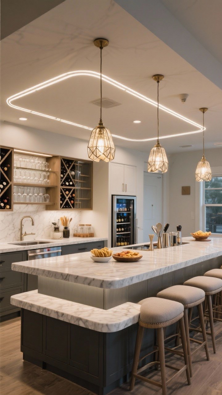 Medium shot of an entertainer’s island with a two-tier design: lower prep level and raised bar ledge in a wipeable quartz; overhang with cushioned stools for casual dining; integrated under-counter beverage fridge, wine cubbies, and glass racks; layered lighting with decorative pendants above and subtle LED strips under the bar for mood; a few styled snacks and bar tools arranged neatly; photographed from a bar-side angle to showcase social functionality; no people