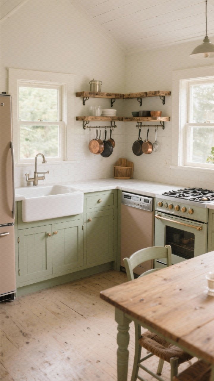 Medium shot of an L-shaped cottage kitchen corner: sink, stove, and fridge forming a natural work triangle across two connected walls, open center floor area for breezy flow, petite farmhouse table tucked into the open space, reclaimed wood floating shelves on the short leg, wall-mounted pot rack over the longer counter, panel-ready dishwasher blending with soft mushroom or sage-painted base cabinets, bright walls that bounce light; warm, cozy, photorealistic, angled corner view with soft daylight.