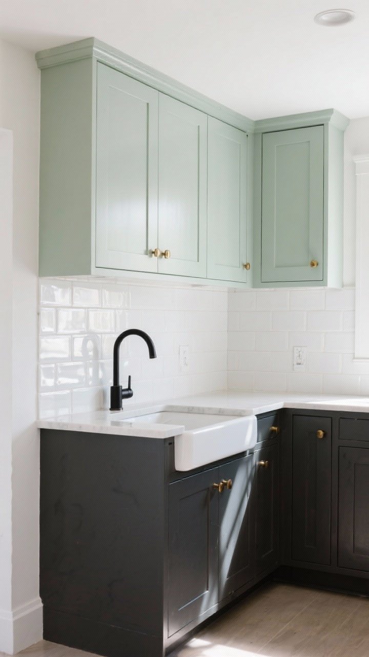 Medium shot of an L-shaped small kitchen showcasing color and contrast: soft white walls and ceiling, pale sage upper cabinets with a light gloss finish, darker matte charcoal base cabinets grounding the space, a glossy white subway-tile backsplash reflecting light; a cohesive set of brushed brass hardware and a single black matte faucet popping against the white tile as a high-contrast focal point; warm, bright daylight with gentle reflections.
