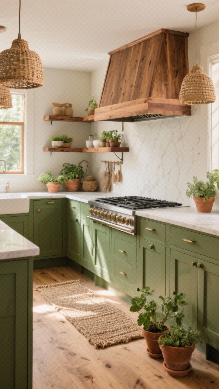 Medium shot of an organic, earthy kitchen mixing green cabinets with warm wood: sage or olive green base cabinets, floating shelves in walnut or white oak, and a wood-trimmed range hood; lighter-toned wood flooring than the cabinets to avoid heaviness; styled with woven pendants, a natural fiber runner, and terra-cotta pots with herbs; warm, natural morning light; corner angle; photorealistic.
