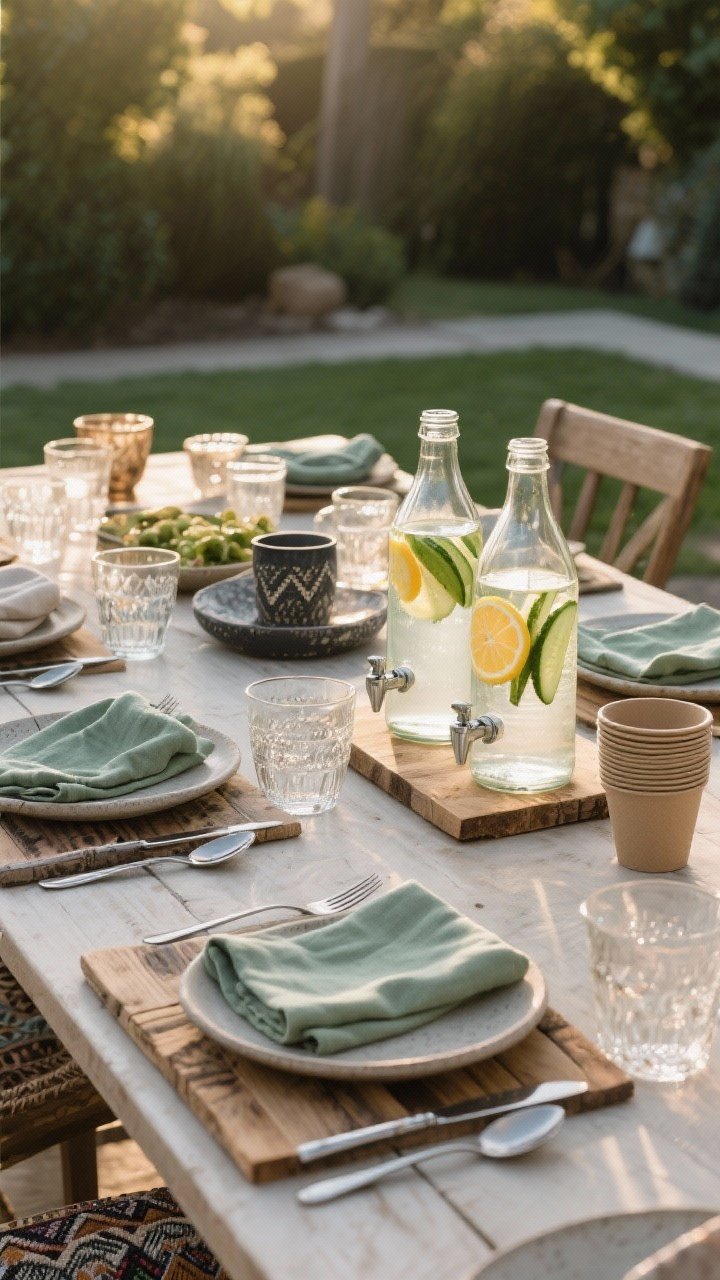 Medium shot of an outdoor dining table styled with reusables: layered wood boards and stoneware plates, real cutlery, and linen napkins in a coordinated sage, sand, and charcoal palette; mismatched glassware arranged boho-chic; two clear water dispensers infused with citrus and cucumber replacing single-use bottles; a small stack of compostable backups discreetly off to the side; late-afternoon natural light, relaxed curated vibe.