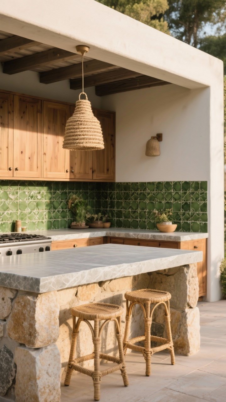 Medium shot of an outdoor kitchen vignette styled for layered natural materials: honed soapstone countertop with soft sheen, teak cabinetry with subtle oil finish, mossy green zellige tile backsplash, and rattan counter stools tucked under the counter; a jute-wrapped pendant hanging under a covered zone; balance shown by simple cabinet fronts against a more varied stone, with the tile pattern dialed back; warm late-afternoon natural light grazing textures; angle from a corner to highlight depth of materials.