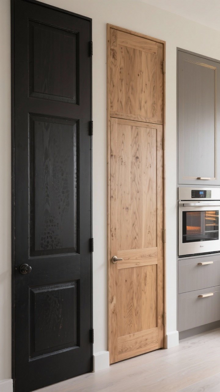 Medium shot of cabinet finishes side-by-side: a painted shaker door in soft matte black showing subtle fingerprints near the pull, a stained natural oak slab door with visible grain, a thermofoil door near an oven with a small heat shield panel, and a modern laminate door with a clean edge band; include upgraded edge banding detail; neutral backdrop, even diffused lighting to compare textures and durability cues.