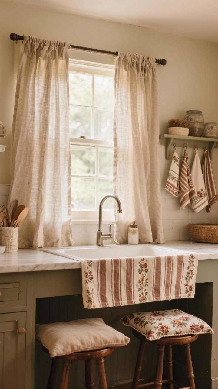 Medium shot of cozy kitchen textiles: cafe curtains in cotton or linen on a tension rod over a window, a washable vintage-inspired runner in front of the sink, coordinated striped and floral tea towels hanging, and cushioned seat pads on counter stools; warm earthy tones, soft morning light, textures clearly visible
