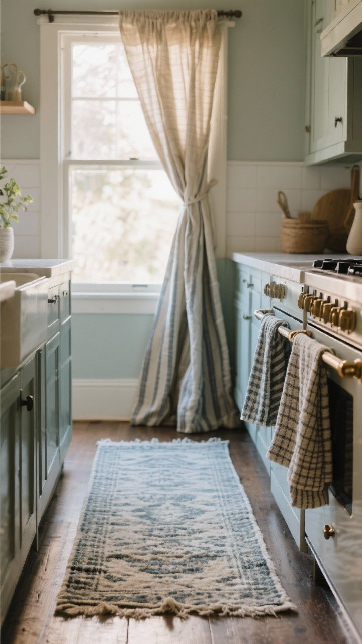 Medium shot of cozy textiles softening the kitchen: a washable runner rug in muted vintage pattern along the galley, linen cafe curtains filtering light at the window, and striped or waffle towels draped over the oven handle; palette kept tight—creams, charcoal, dusty blue, or sage; warm afternoon light; straight-on or slight corner angle capturing fabric movement and softness.