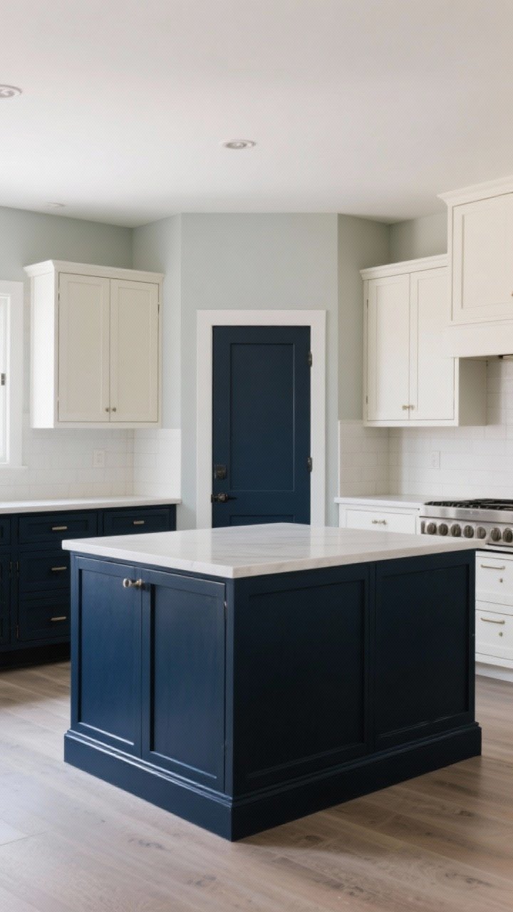 Medium shot of dramatic paint upgrades: two-tone cabinets with dark charcoal lowers and light warm white uppers for an instant custom look, a moody deep navy island as the focal point, and color-drenched trim and door matching the walls in a soft eggshell sheen; satin/semi-gloss finish visible on cabinets for wipeability; balanced daylight emphasizing the paint depth, photorealistic.