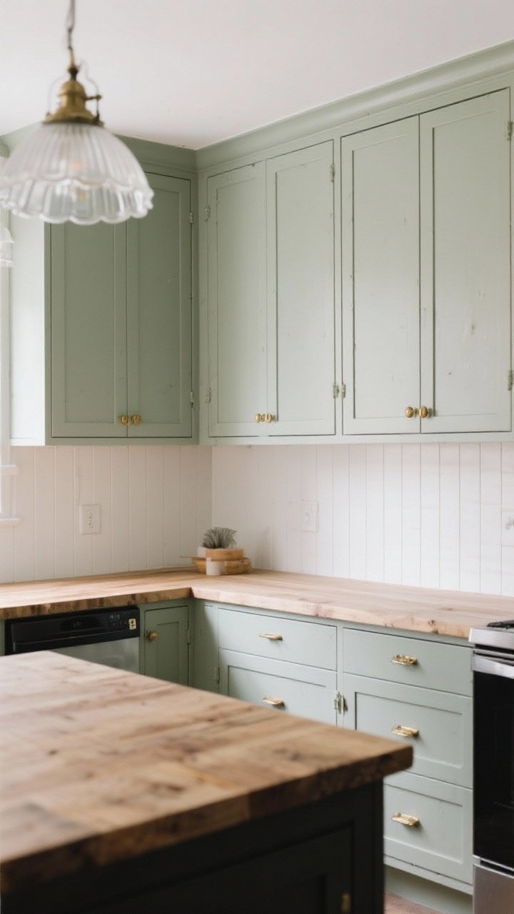 Medium shot of dusty sage satin/eggshell cabinets under natural light: green-gray tone hides smudges; mixed hardware in brass and black; butcher block countertops; beadboard backsplash painted soft white; milk-glass pendant lights overhead; styling kept fresh and clean with minimal accessories; angle slightly above eye level to show the calming, effortless vibe.