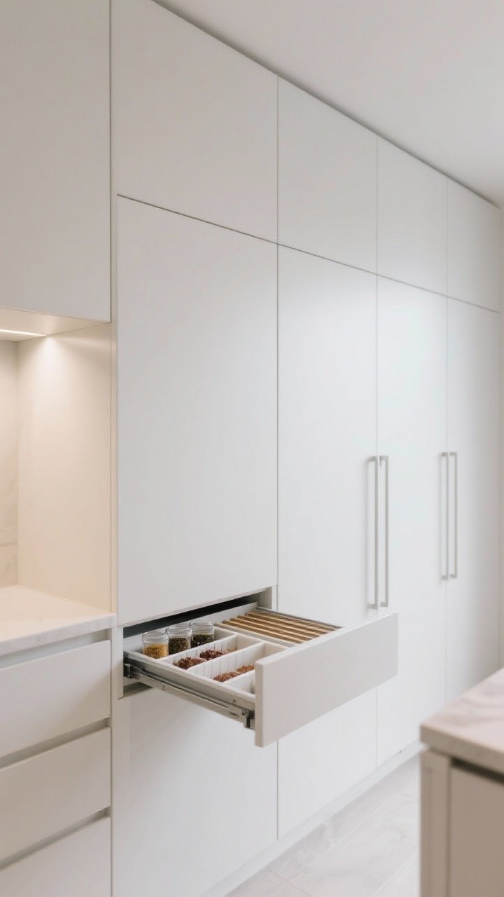 Medium shot of frameless European cabinets with full-overlay doors sitting flush, ultra-tight uniform gaps, matte white fronts, and integrated soft-close hinges; open a door slightly to reveal pull-out organizers (spice pull-out and tray divider), maximizing interior space; clean precise lines, bright task lighting, photorealistic