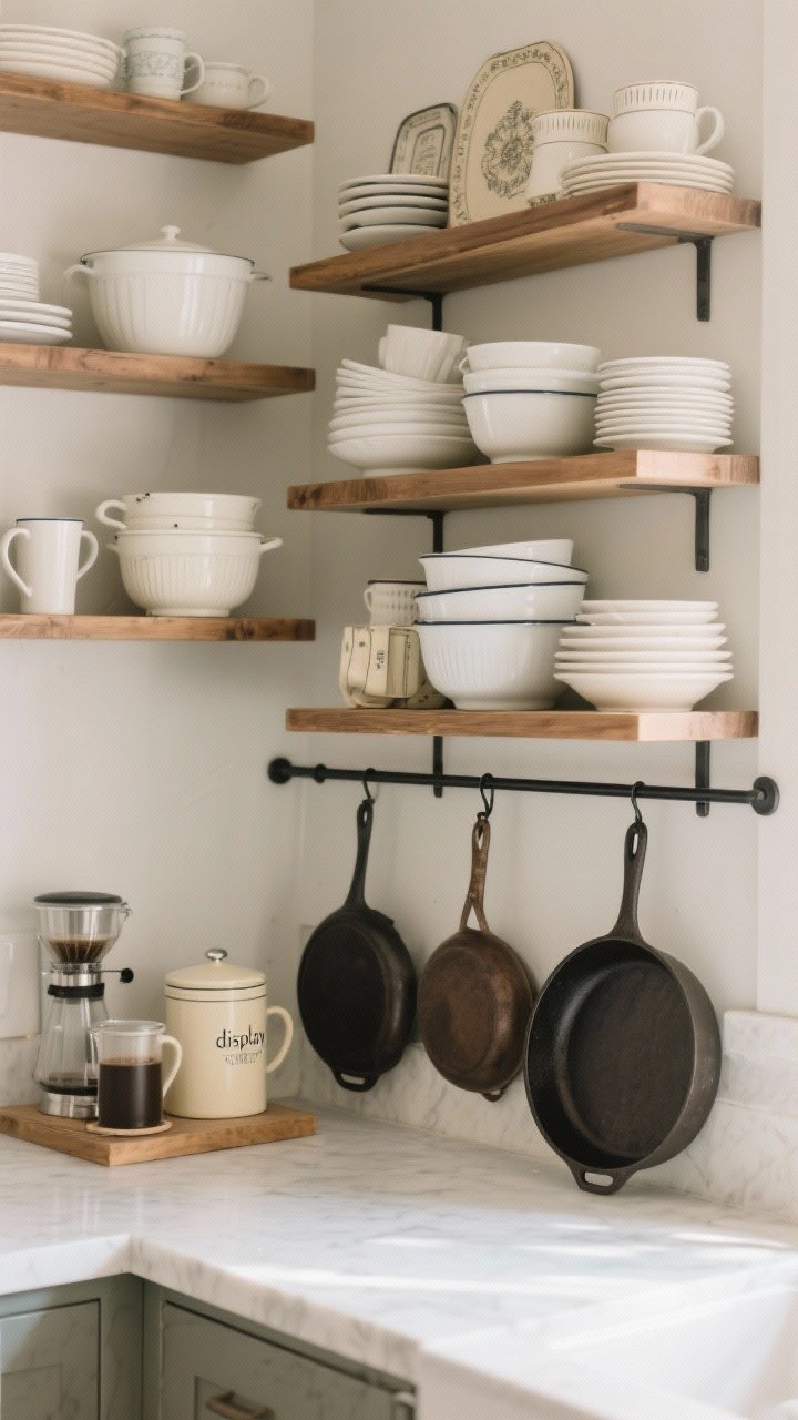 Medium shot of functional open shelving near the prep zone: neutral palette with white and cream dishes, enamelware, stacked mixing bowls, cast iron pans on lower shelves; higher shelves hold a tidy “display” of vintage pieces; groupings by function—clearly defined coffee station with mugs and a canister, baking gear together, everyday dishes stacked; wooden lipped shelves with a slim black rail to prevent items from sliding; soft diffused daylight.