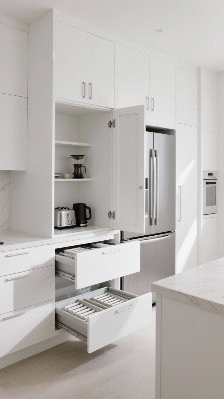 Medium shot of hidden storage solutions in a sleek white kitchen: an appliance garage with pocket doors partially open to reveal a toaster and coffee station, toe-kick drawer pulled out showing trays, and a panel-ready fridge blending into the white cabinetry; include a pull-out pantry ajar for depth; clutter-free counters and bright, even daylight; clean lines and integrated handles reinforce minimalism; photorealistic cabinetry joints and shadows.