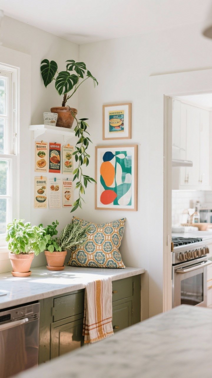 Medium shot of kitchen art and greenery: a small gallery wall of vintage food ads and recipe cards over a console-like counter, with one oversized abstract piece on an adjacent blank wall featuring a bold accent color echoed by a matching tea towel and a patterned cushion; potted basil, mint, and rosemary on the sunny windowsill; a trailing philodendron on an upper shelf; a slim potted olive tree near the entry in a larger kitchen; bright natural light, straight-on composition that feels lively yet serene