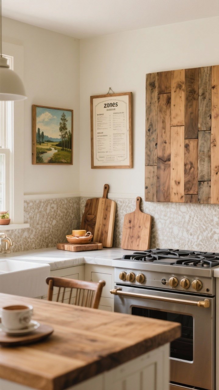 Medium shot of kitchen nook with art and a statement surface: a small landscape painting and a framed vintage menu hung near a breakfast area; layered cutting board “zones” on the counter for texture, an oversized board behind the stove acting as a backsplash accent and heat shield; subtle use of peel-and-stick contact paper on dated counters for a refreshed look; warm daylight enhances wood grain and artwork details; optional butcher block slab accenting an island.