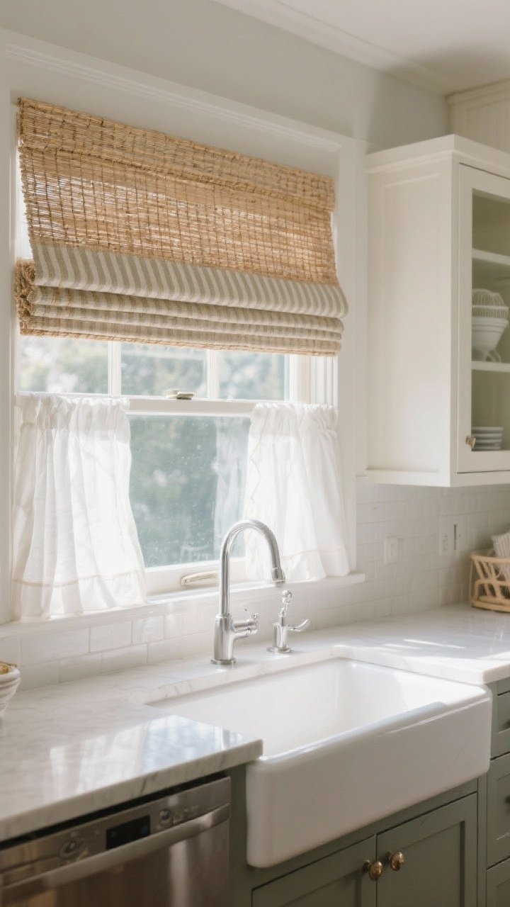 Medium shot of kitchen window treatments: a large sink window dressed with woven wood shades mounted above the frame to elongate the height, paired with soft Roman shades in a subtle tone-on-tone stripe at a nearby smaller window, and charming white cafe curtains on a breakfast nook window; moisture-friendly fabrics near the sink; abundant natural daylight streaming through, softening hard surfaces; straight-on view focusing on the windows and treatments