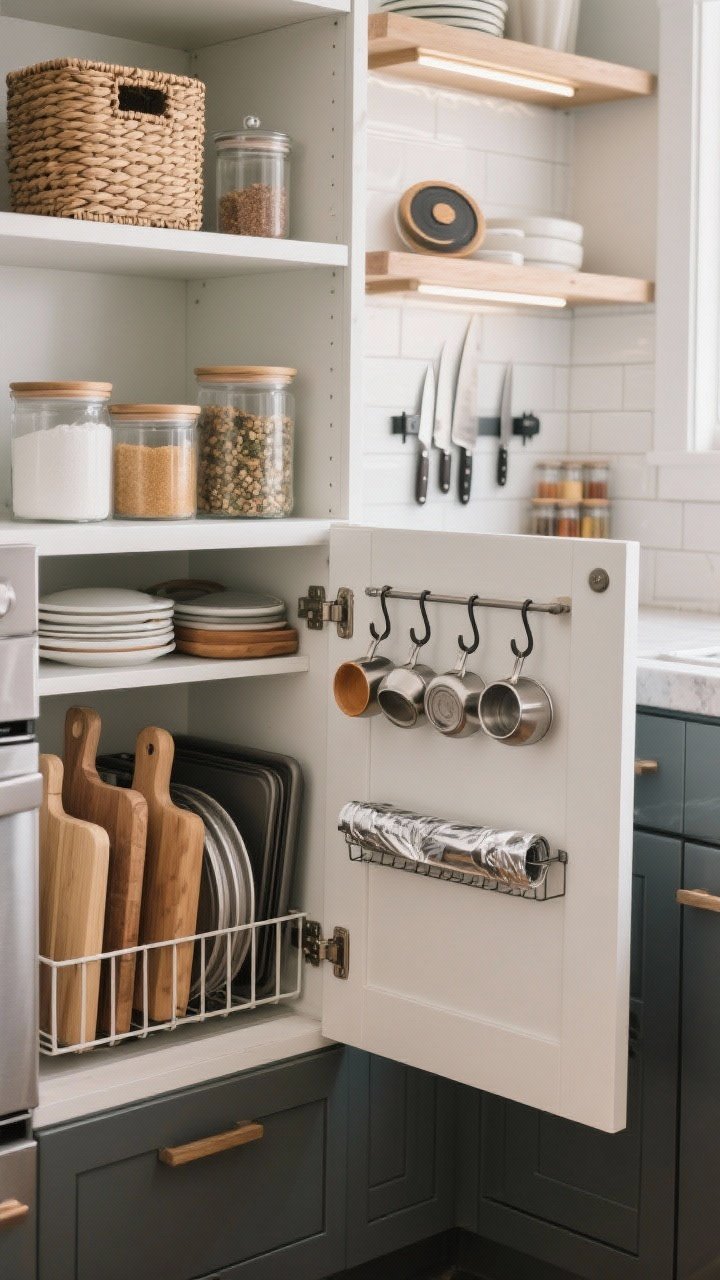 Medium shot of maximized storage solutions inside a compact kitchen: cabinet door open to reveal hooks holding measuring cups and a slim rack with wraps/foils; a base cabinet with vertical dividers neatly organizing baking sheets, cutting boards, and lids; upper shelf with risers and a turntable for spices; magnetic knife strip mounted on a backsplash; visible pretty containers—woven baskets and glass canisters—on an open shelf; even, bright task lighting; photorealistic, straight-on.
