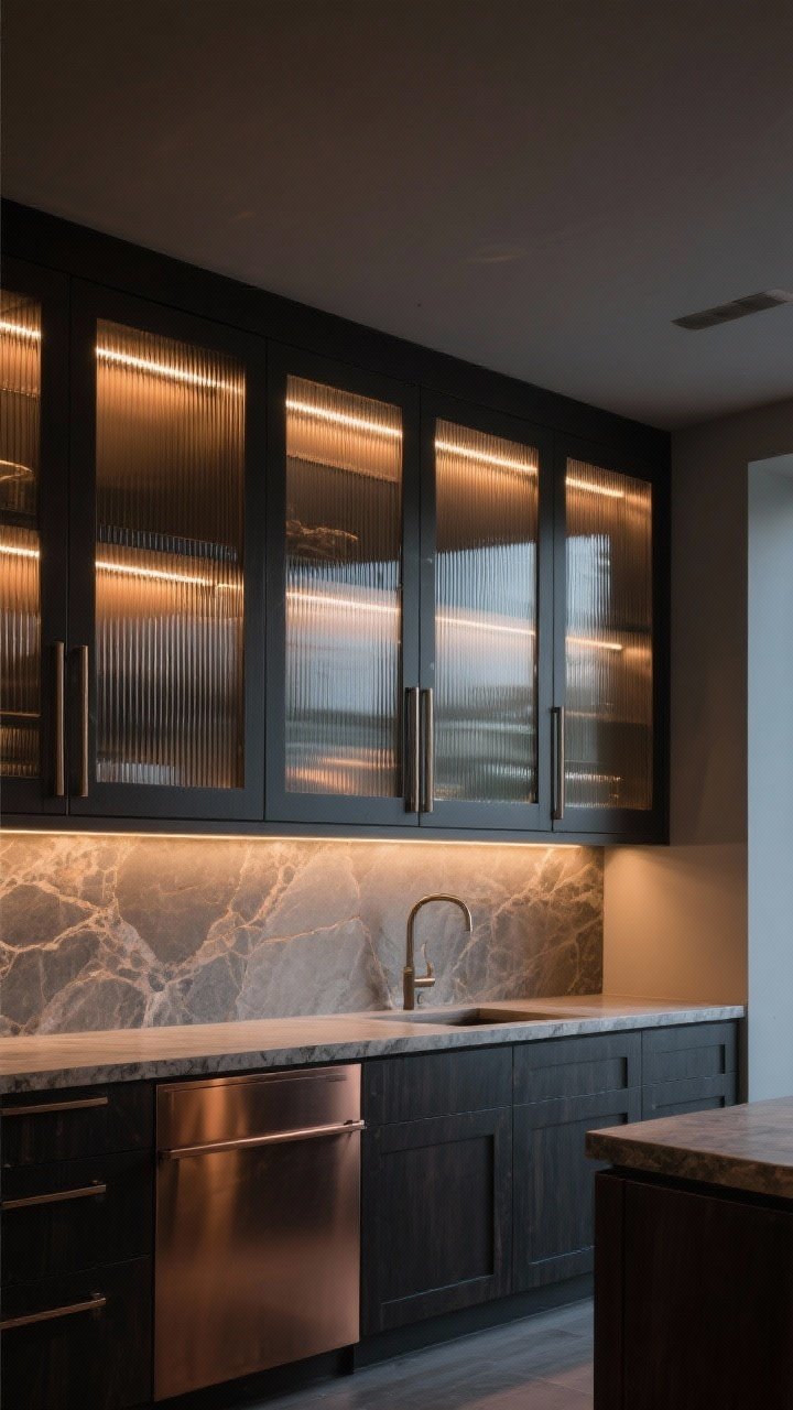 Medium shot of modern glass-front upper cabinets featuring reeded glass panels with interior warm LED strip lighting creating soft reflections; dark millwork frames with smoked/bronze tint on select doors; limit to a single feature wall section above a stone counter; moody evening glow, photorealistic