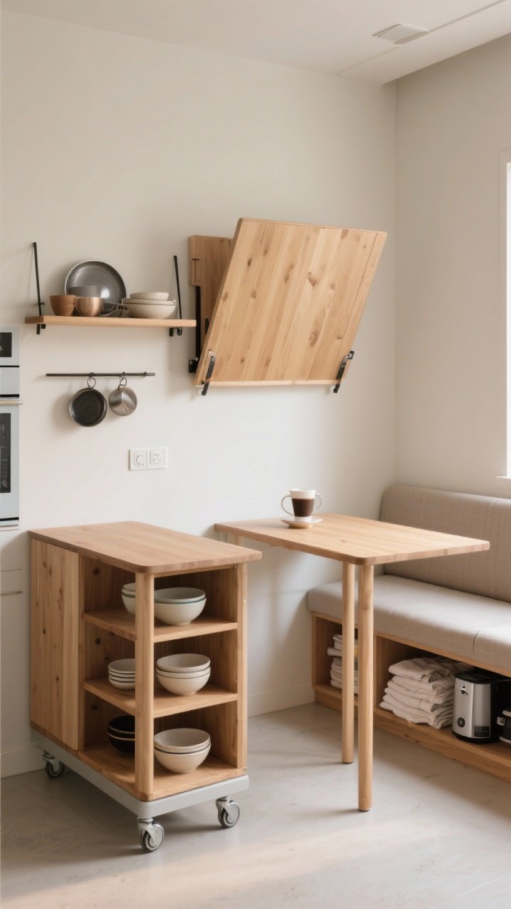 Medium shot of multipurpose furniture in a compact kitchen: a slim rolling island/cart with wood top and open shelves storing bowls and pans; a wall-mounted fold-down table in light oak partially unfolded with a coffee setup; a built-in breakfast nook bench with lift-up seat storage slightly ajar showing neatly stashed linens and small appliances. Slim legs and casters for visual lightness, pale neutral walls, soft morning light; straight-on view focused on function.