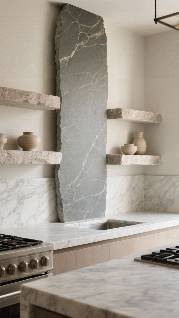 Medium shot of natural stone surfaces: a kitchen featuring a single-slab soapstone backsplash with subtle veining, honed marble-look quartz countertops, and minimalist floating stone shelves; soft, diffuse daylight highlighting honed textures with very low glare; include a few neutral ceramic pieces on the shelves; emphasize the organic, luxe feel and fewer grout lines.