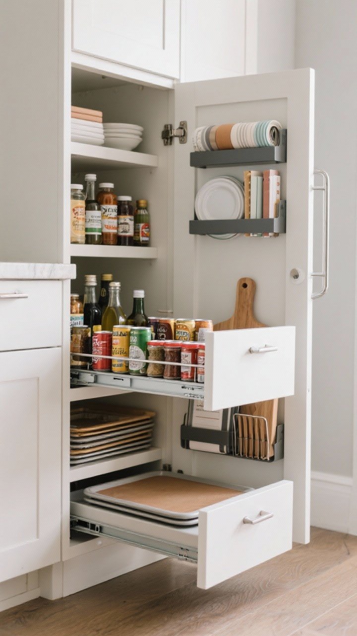 Medium shot of open storage solutions: A base cabinet pulled out to reveal a narrow slide-out pantry organized with spices, oils, and cans; a toe-kick drawer open beneath adjacent cabinetry storing baking sheets; a corner base cabinet with a modern swing-out shelf system; inside a cabinet door, a back-of-door rack holding wraps and lids; vertical dividers filing trays and cutting boards; everything has a defined home.