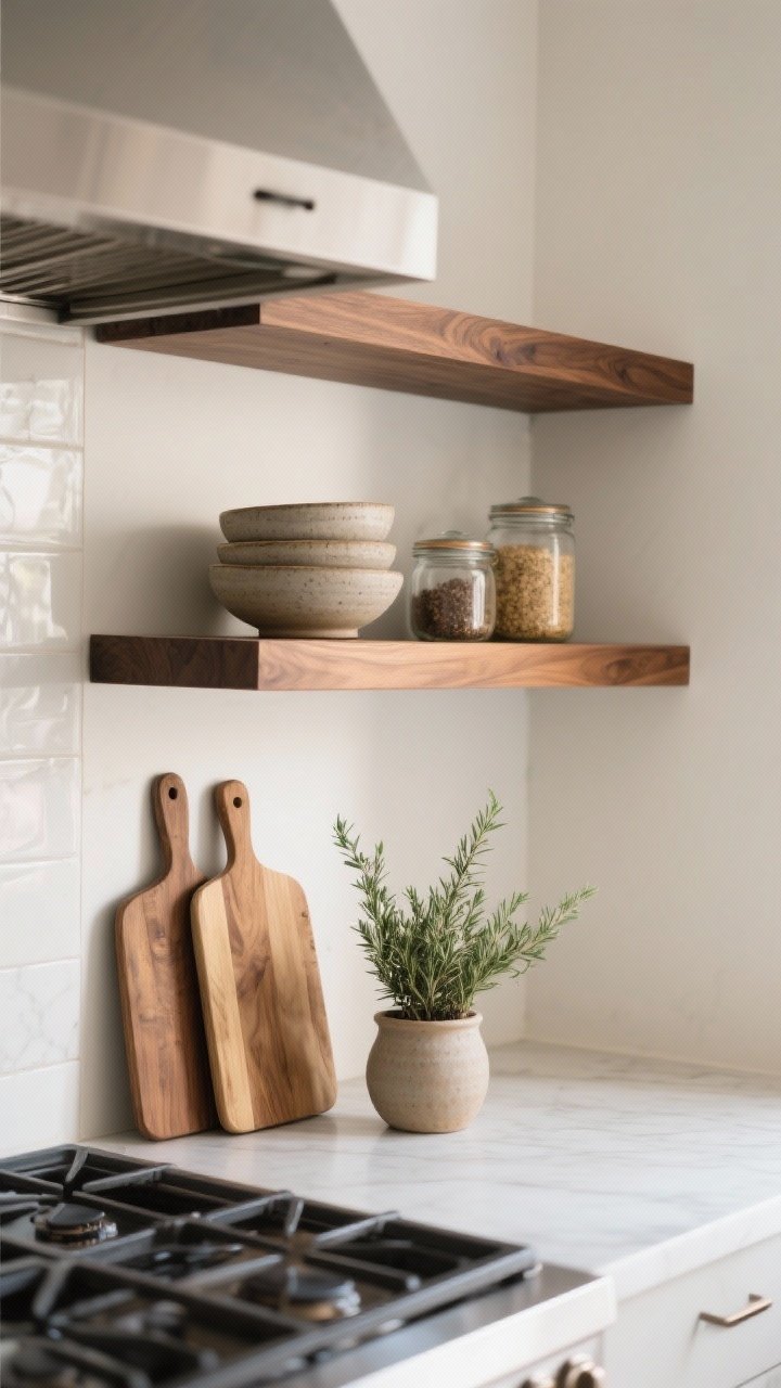 Medium shot of open wood shelving over a backsplash: two floating oak shelves framing a range wall symmetrically; styled with stacked stoneware bowls, two wood cutting boards leaned casually, matching glass jars of pantry staples, and a small potted herb (rosemary) in a simple ceramic pot; shelves finished in oil-rubbed/hardwax sheen; negative space intentionally left; soft afternoon light.