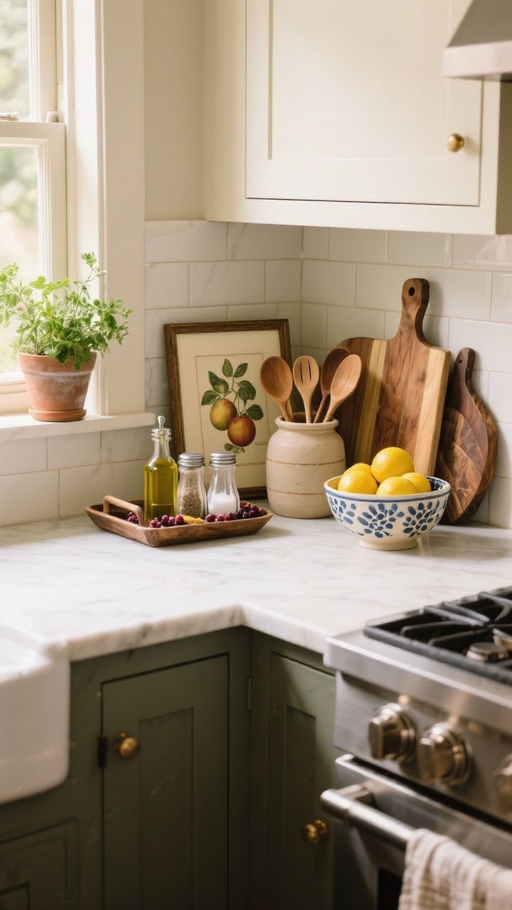 Medium shot of personality-driven accents: a counter corner vignette with a small framed vintage fruit print leaned against the backsplash, a tray corralling oils, salt, and pepper, a crock of wooden spoons, a ceramic berry bowl, and a bowl of lemons; a cutting board collection propped by the range; fresh herb pot on the sill; warm, lived-in morning light.