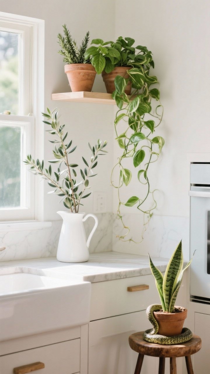 Medium shot of plants bringing life to the kitchen: a trailing pothos cascading from a shelf, a clay pot of basil and rosemary by a sunny window, a tall branch of olive or eucalyptus stems in a white pitcher on the counter, and a small snake plant on a stool; bright natural light, softened straight lines, fresh and organic vibe