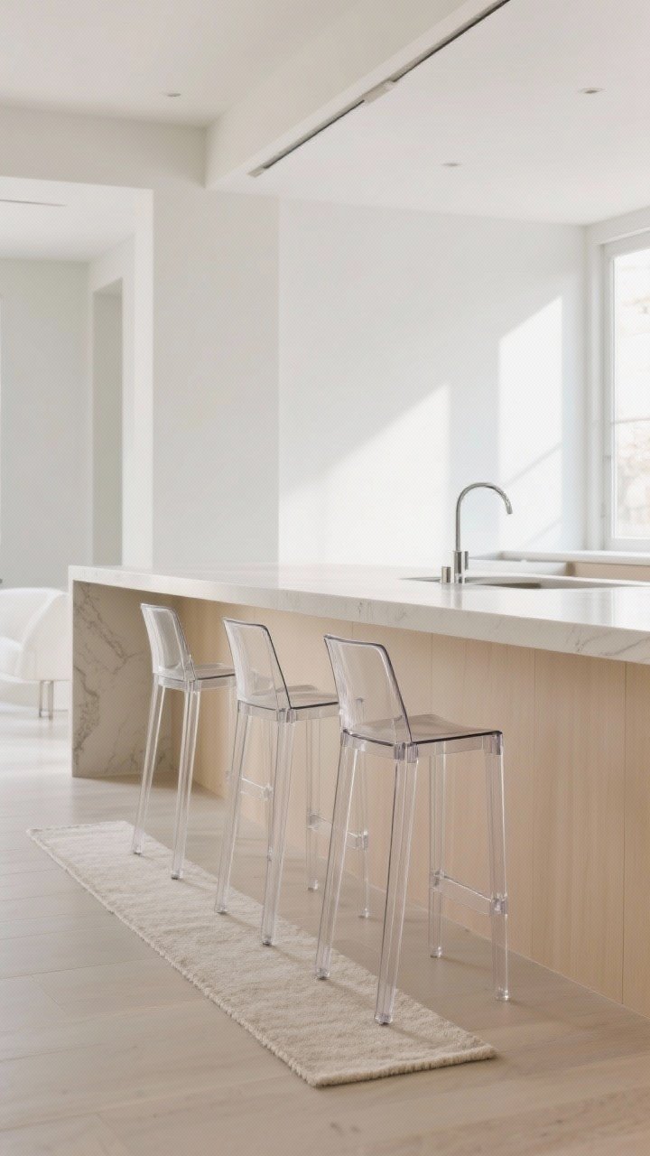 Medium shot of seating and furniture with clear sightlines: leggy bar stools with open backs and slender legs tucked fully under a light-toned counter, option of an acrylic or glass stool that visually disappears, a waterfall-edge island keeping the look light, and a thin, low-pile runner that doesn’t visually plop; airy mood, plenty of floor visible to enhance spaciousness; natural daylight; side angle to show under and around the furniture.