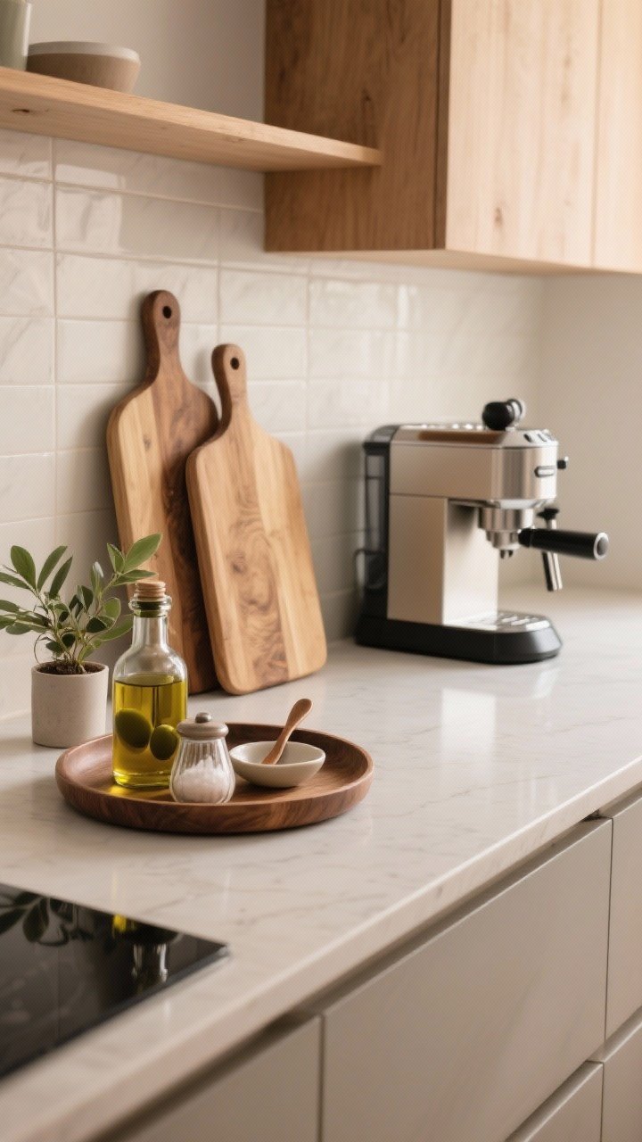 Medium shot of styled countertops to elevate without replacing: a round tray holding olive oil, salt cellar, and a ceramic spoon rest beside a small plant; two wooden cutting boards layered and propped against a light backsplash for warmth and height; one statement appliance (sleek espresso machine) displayed while the rest is cleared; surfaces about 60% open, warm ambient light, no people, photorealistic.